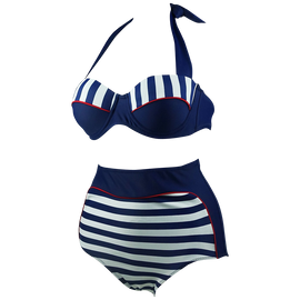 Cocoship Retro Navy Blue Stripe  Bikini Swimsuit